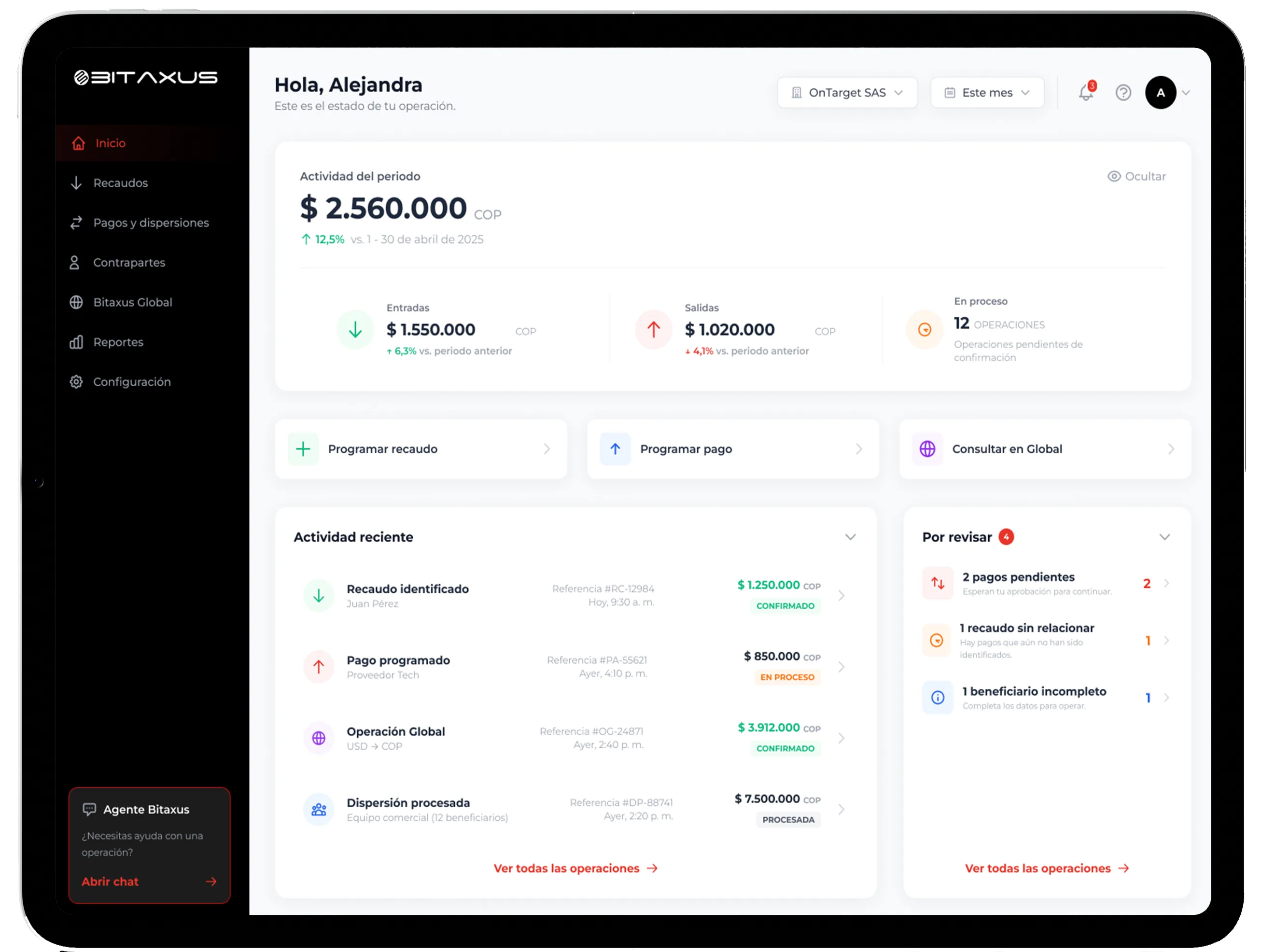 Panel de Bitaxus con cobros, pagos y disponible